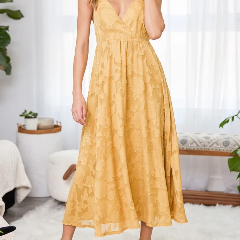 Philosophy of Beauty Mustard Yellow Burnout Floral Midi Dress